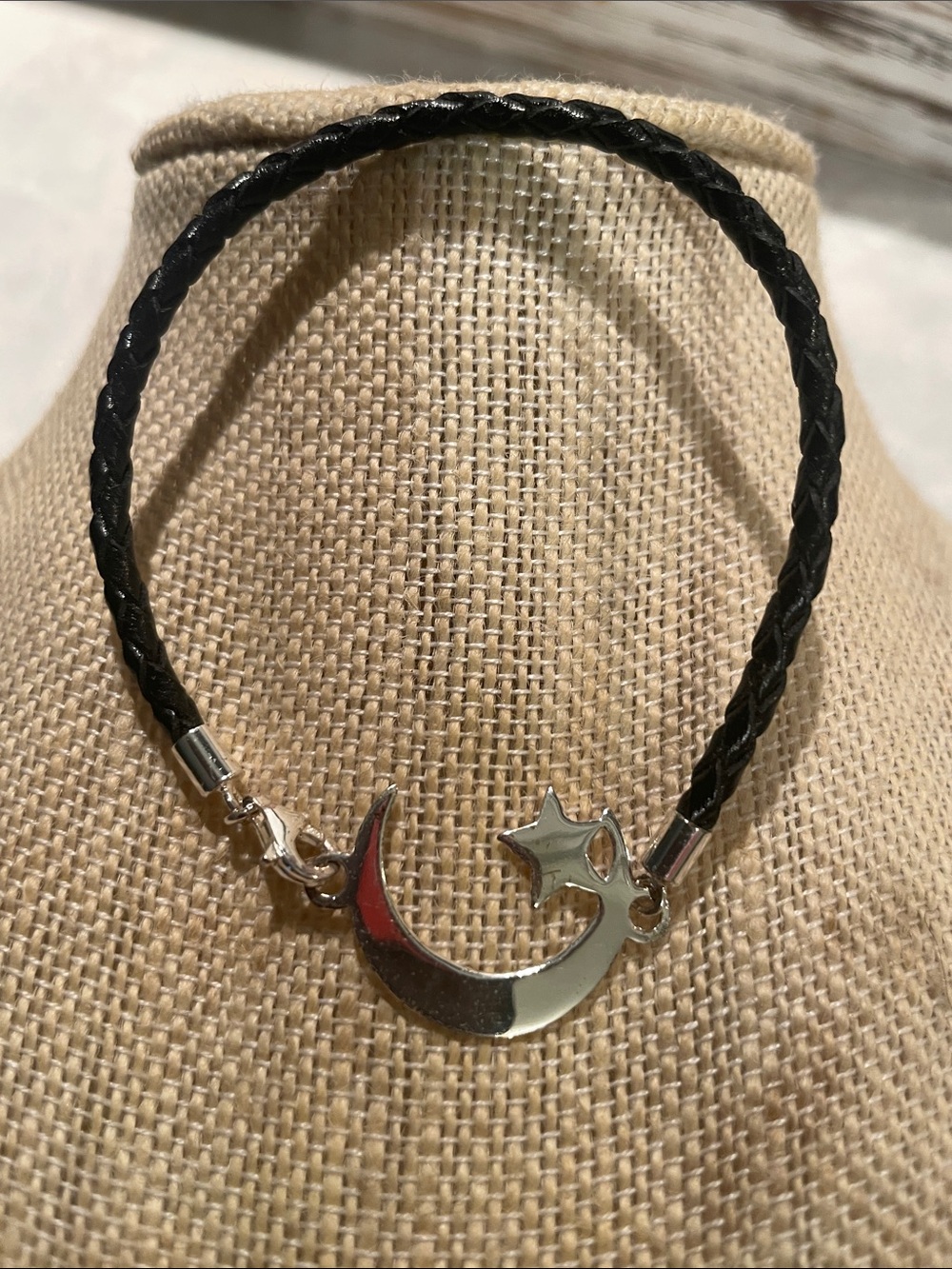 Sterling Silver Crescent Moon & Star Braided Black Leather Bracelet